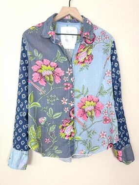 Cino Floral Patchwork Mix Print Button Up Shirt Pink Blue 100% Cotton Medium
